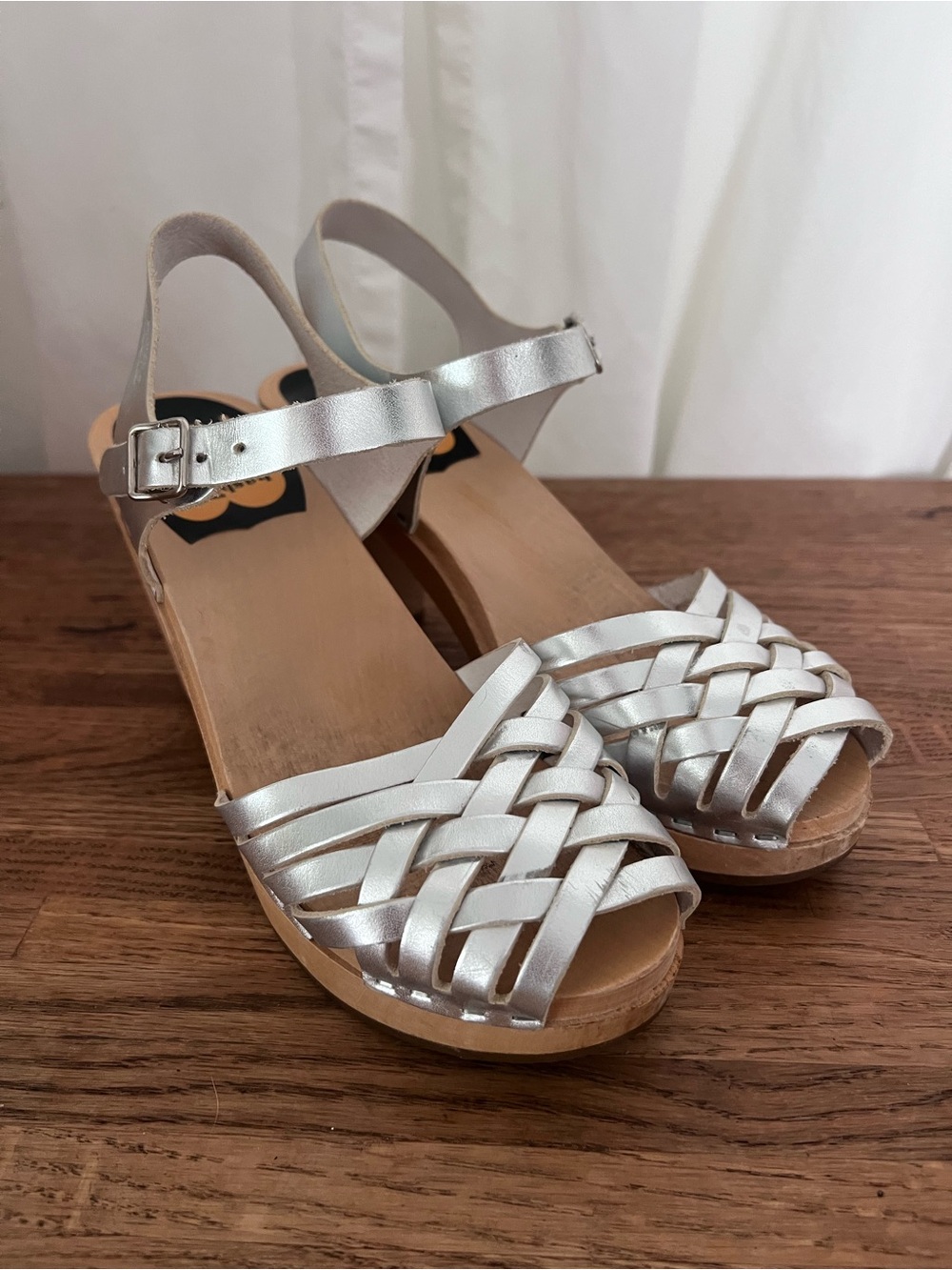 Swedish Hasbeens Silver Woven Slingback Clogs